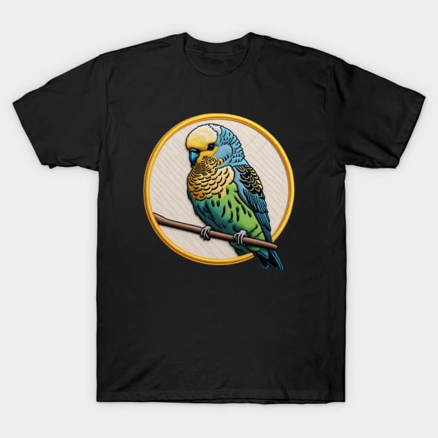 Colorful Budgie Embroidered Patch T-Shirt by Xie